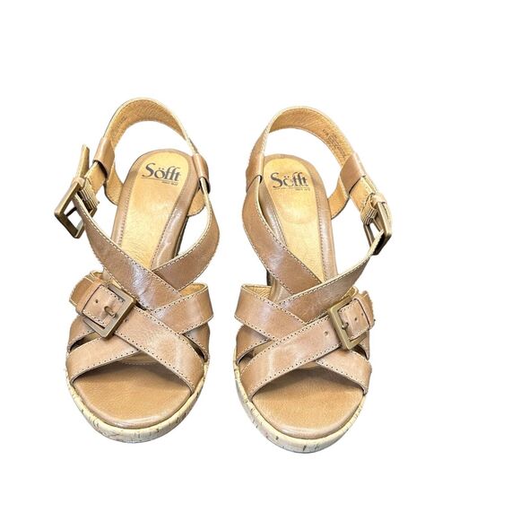 Sofft Women\'s Brown Leather Slingback Wedge Sandals Brown Size 8.5